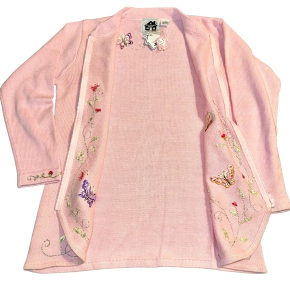 Vtg Storybook Knits Cardigan Sweater Medium Pink Butterfly Floral Embroidered - Picture 2 of 12